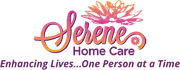 Logo for Serene Home Care: stylized text and lotus flower in shades of orange and pink. Tagline: "Enhancing Lives...One Person at a Time".