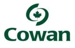 The logo for cowan is green and white with a maple leaf in the middle.