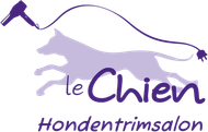 Paars logo: silhouet van een rennende hond, föhn, de tekst 