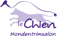Paars logo: silhouet van een rennende hond, föhn, de tekst 