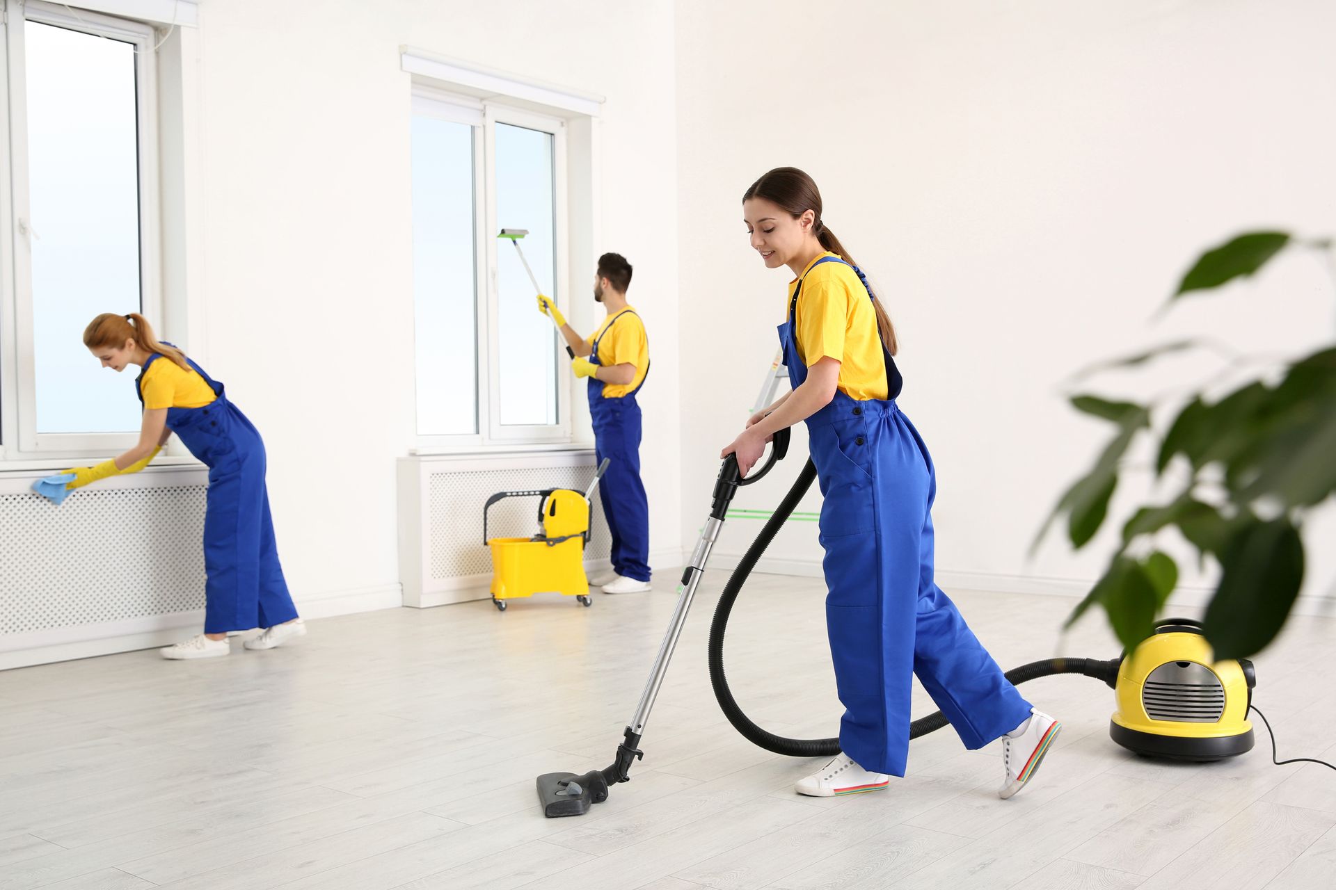 A group of cleaners are cleaning a room with a vacuum cleaner.