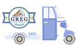 Furgone per le consegne di Greg Pizza con logo, mostrato in vista laterale in blu e bianco.