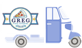 Furgone per le consegne di Greg Pizza con logo, mostrato in vista laterale in blu e bianco.