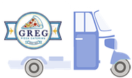 Furgone per le consegne di Greg Pizza con logo, mostrato in vista laterale in blu e bianco.