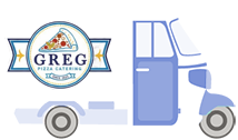 Furgone per le consegne di Greg Pizza con logo, mostrato in vista laterale in blu e bianco.