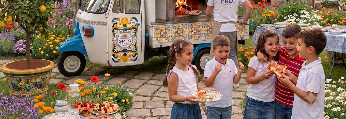 Bambini in una strada piena di fiori accanto a un carretto decorato, sorridenti e chiacchierano all'aperto