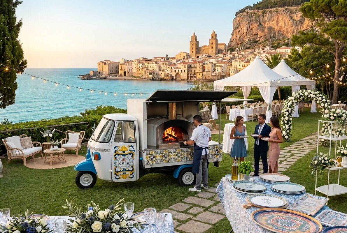 Un food truck su una terrazza sul mare con persone che pranzano, tende bianche e una cittadina costiera al tramonto.