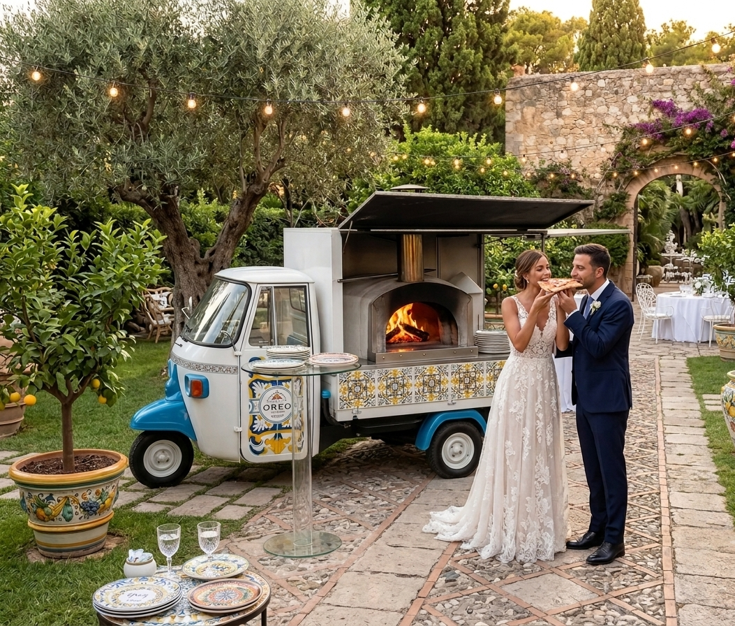 Gli sposi accanto a un furgoncino delle pizze d'epoca durante un ricevimento di nozze all'aperto.