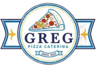 Logo di Greg Pizza Catering con una fetta di pizza, uno striscione blu e un nastro con la scritta 