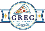 Logo di Greg Pizza Catering con una fetta di pizza, uno striscione blu e un nastro con la scritta
