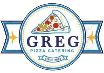 Logo di Greg Pizza Catering con una fetta di pizza, uno striscione blu e un nastro con la scritta