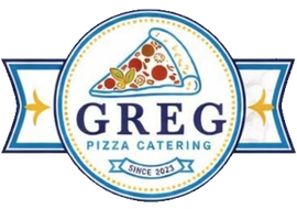 Logo di Greg Pizza Catering con una fetta di pizza, uno striscione blu e un nastro con la scritta 