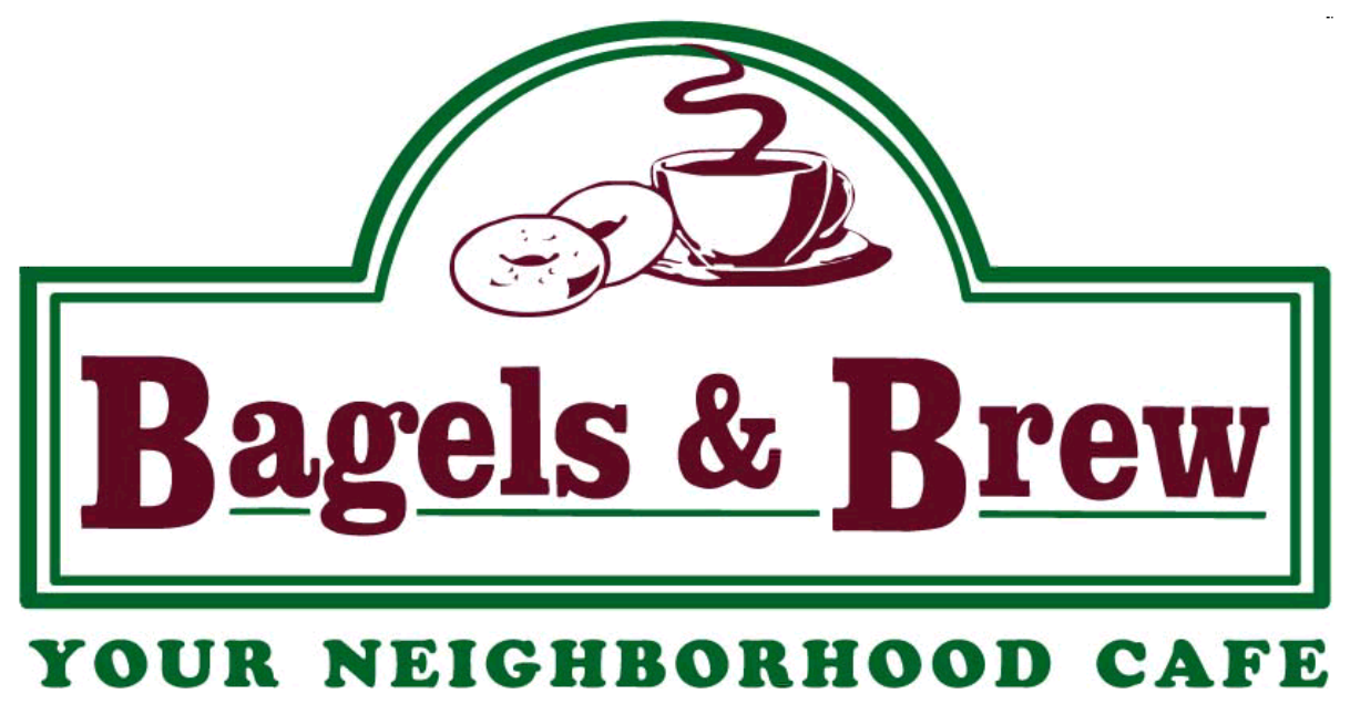 Logo for Bagels & Brew cafe, with a coffee cup and bagel illustration above text.