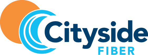 Logo for Cityside Fiber, featuring an orange sun, blue waves, and dark blue text.
