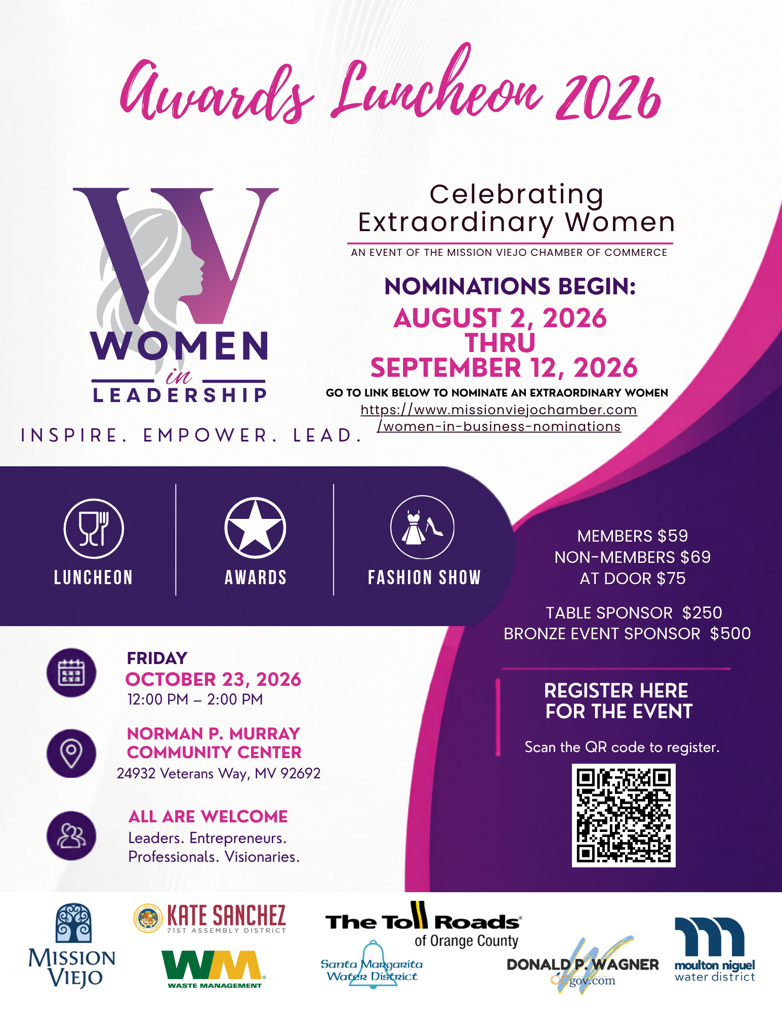 Awards luncheon 2026 poster for Women Leadership featuring event details, dates, and QR code.