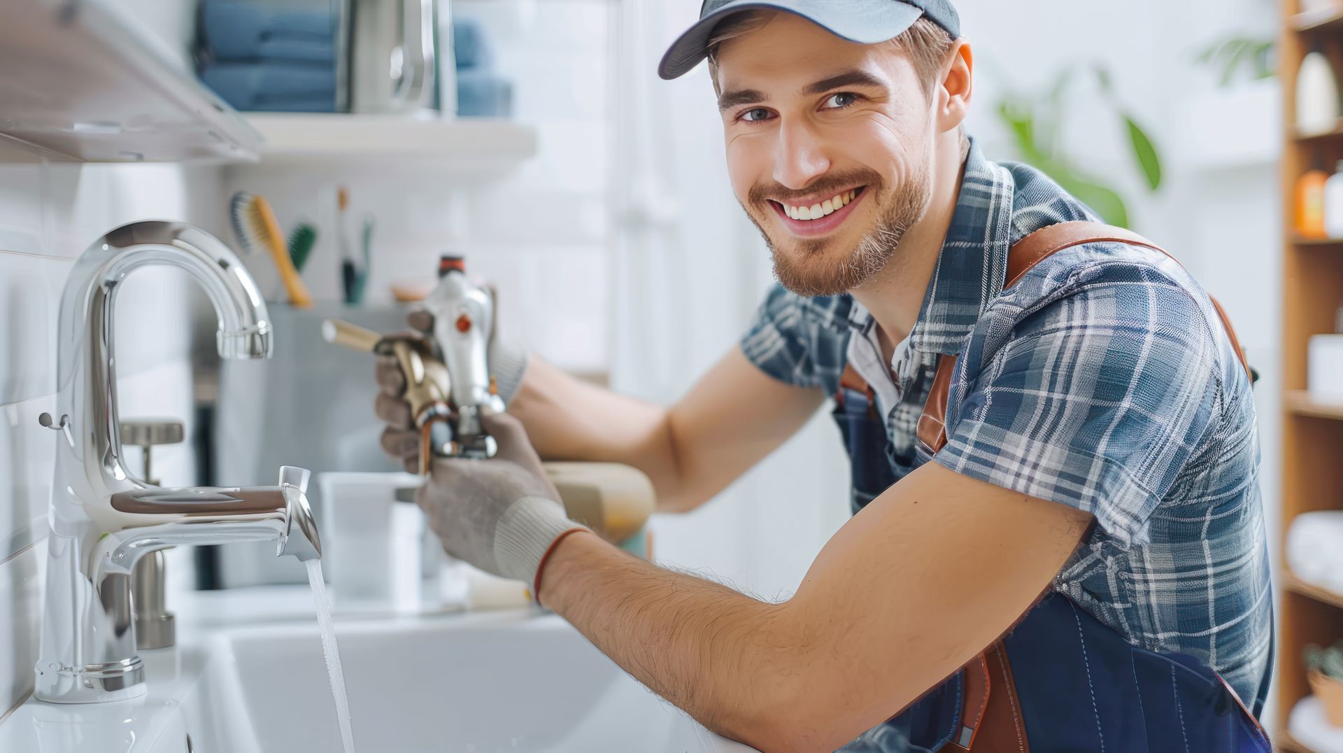A professional plumber in a home, holding a new faucet part for a reliable plumbing service A professional plumber in a home, holding a new faucet part for a reliable plumbing service