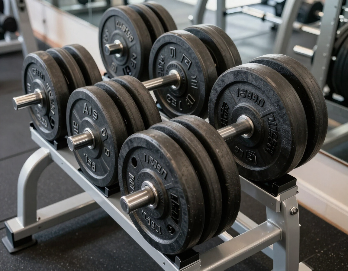 Barbell and weight plates on rack
