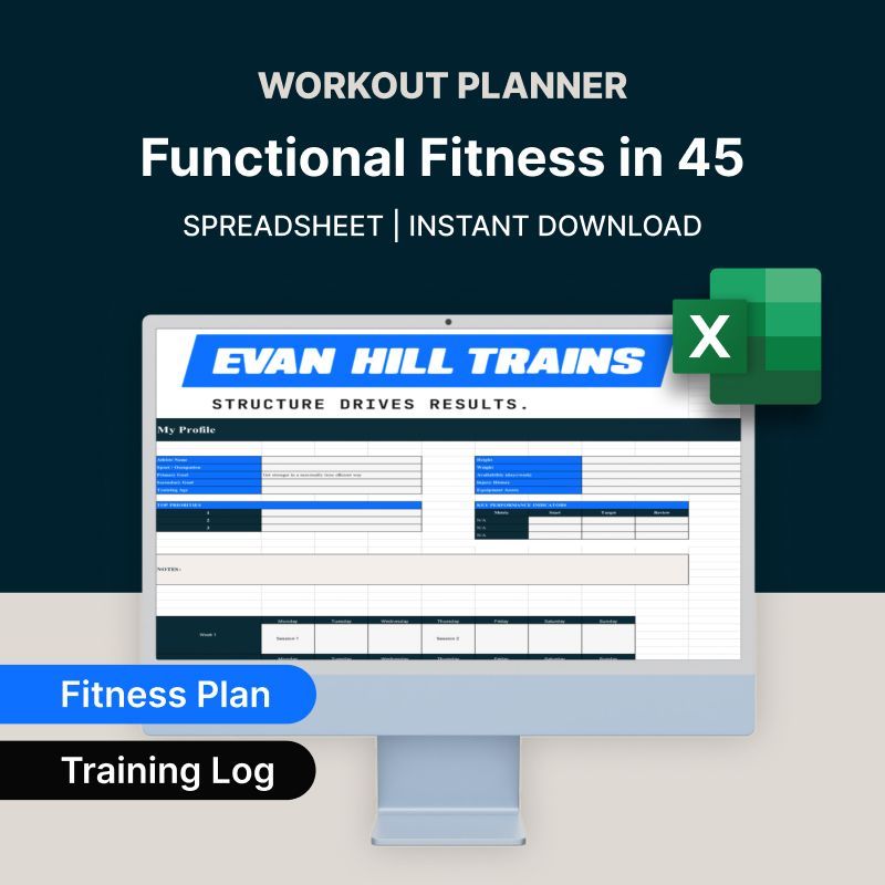Laptop screen showing an “Evan Hill Trains” spreadsheet dashboard with an Excel logo