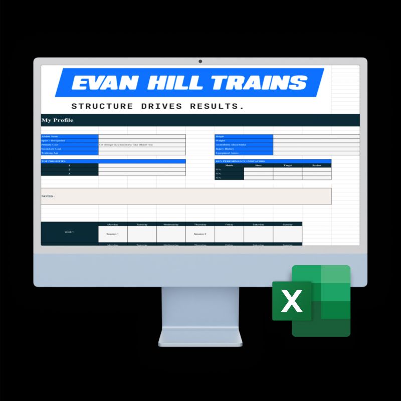 Laptop screen showing an “Evan Hill Trains” spreadsheet dashboard with an Excel logo
