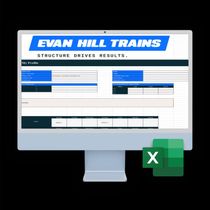 Laptop screen showing an “Evan Hill Trains” spreadsheet dashboard with an Excel logo