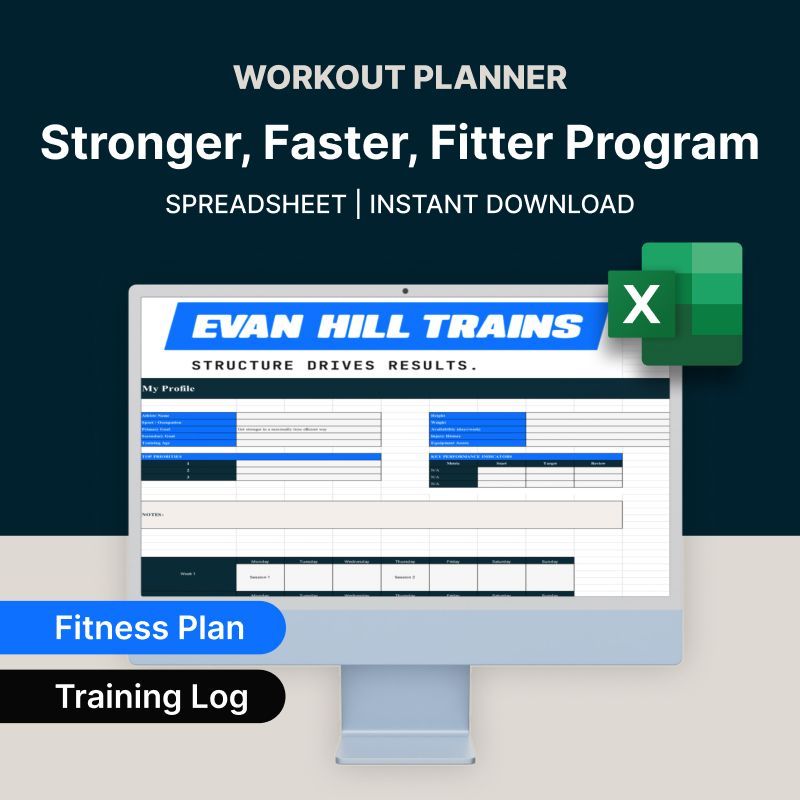 Laptop screen showing an “Evan Hill Trains” spreadsheet dashboard with an Excel logo