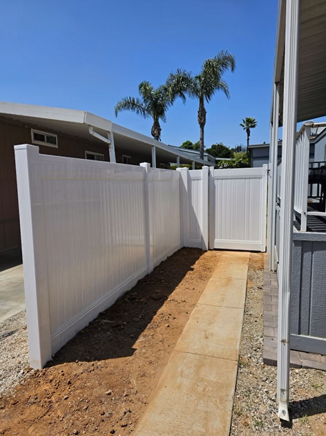 Narrow side yard with white vinyl fences, concrete walkway, and palm trees under a blue sky