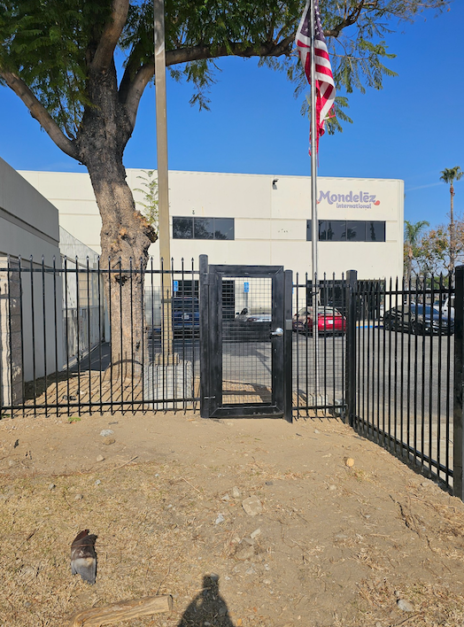 Closed black gate in front of a white building with an American flag and tree on a dirt lot