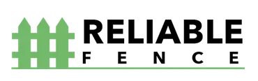 A logo for Reliable Fence with a green fence in the background