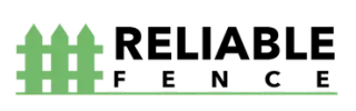 A logo for Reliable Fence with a green fence in the background