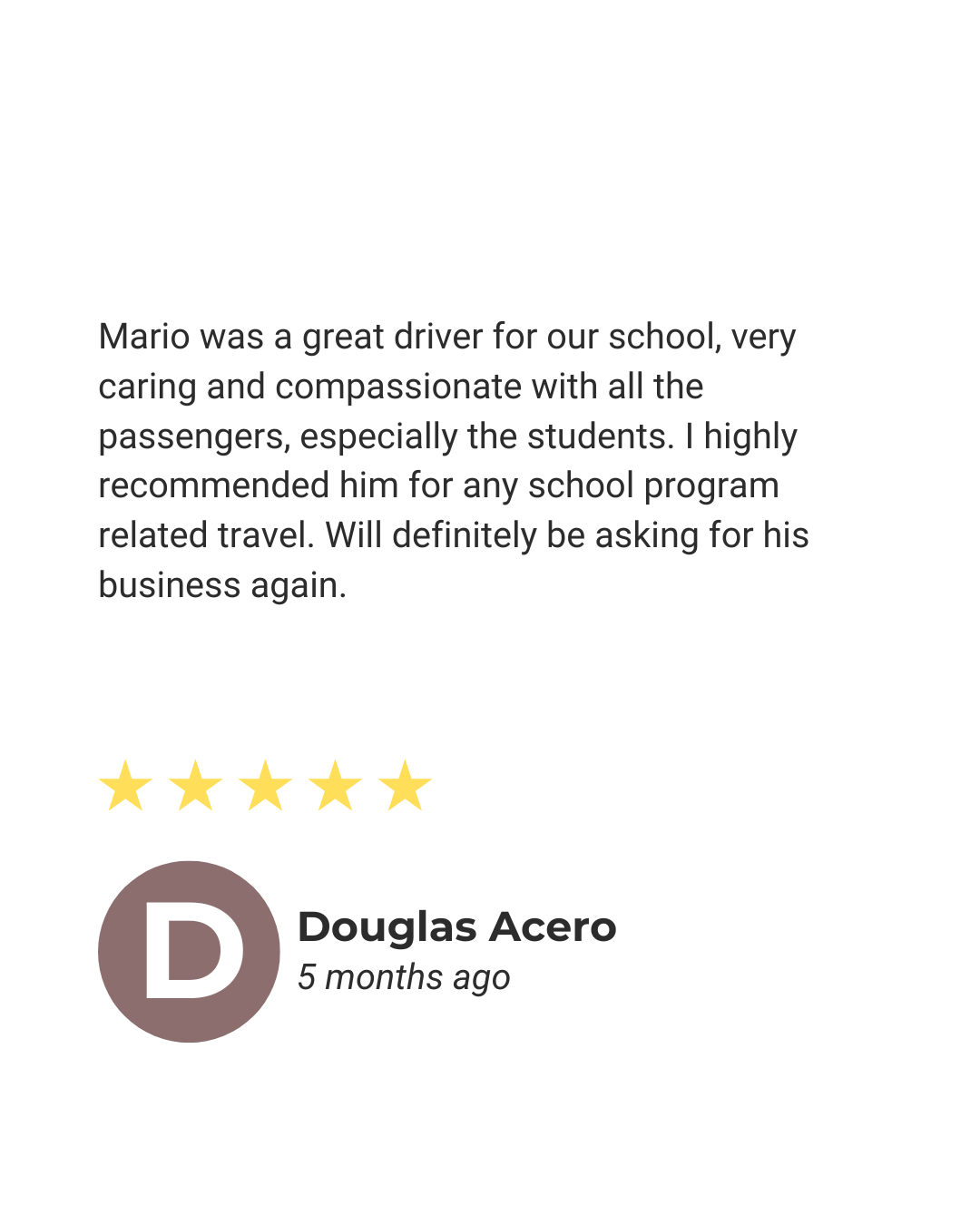Positive testimonial on simple quote request for bus rental in San Diego
