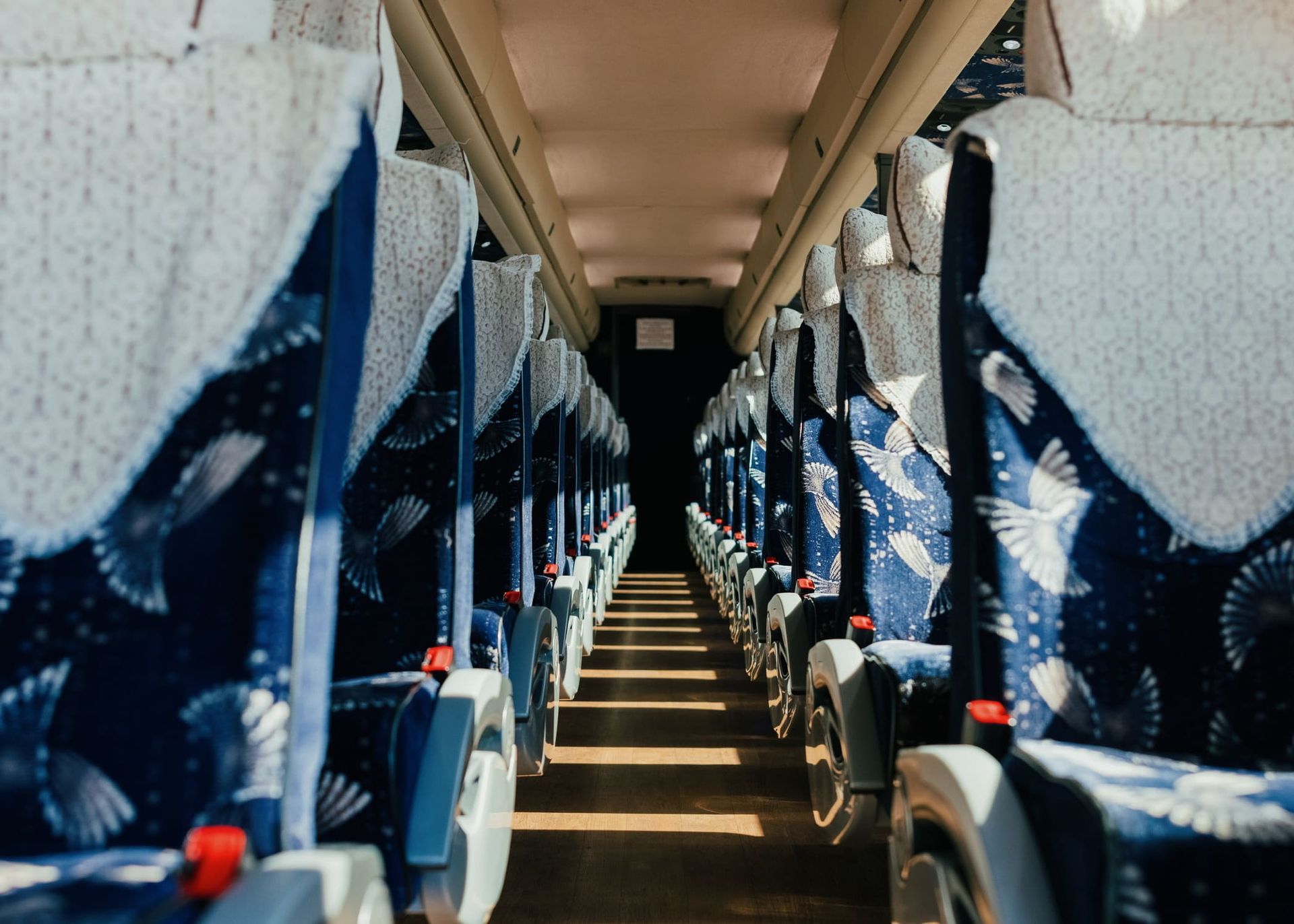 comfortable reclining seats inside a charter bus for group transportation in San Diego