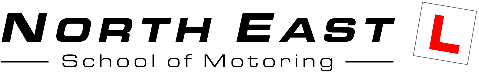 North East School of Motoring logo with black text and a red L plate icon