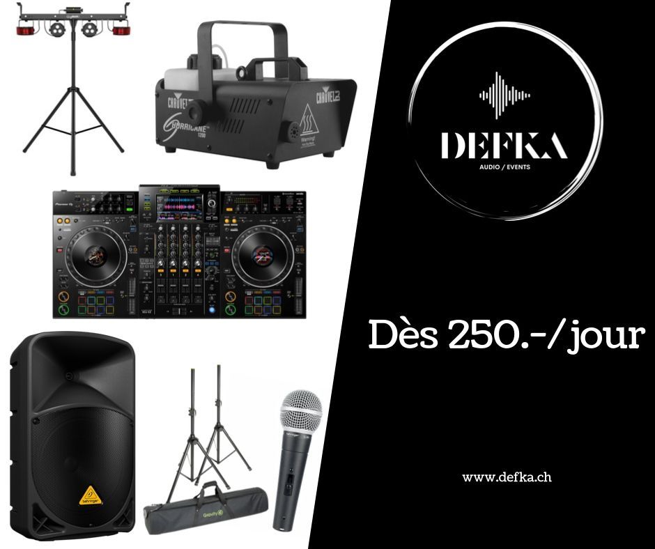 Pack 2x Haut-Parleurs Behringer (Puissance 1000W) 1x set de pieds d'enceintes Gravity 1x contrôleur DJ standalone XDJ-XZ Pioneer 1x micro filaire Behringer 1x Barre d'effets lumières Chauvet (PAR/Derby/Laser/Stroboscopes) 1x Machine à fumée Chauvet (Puissance 1200W)
