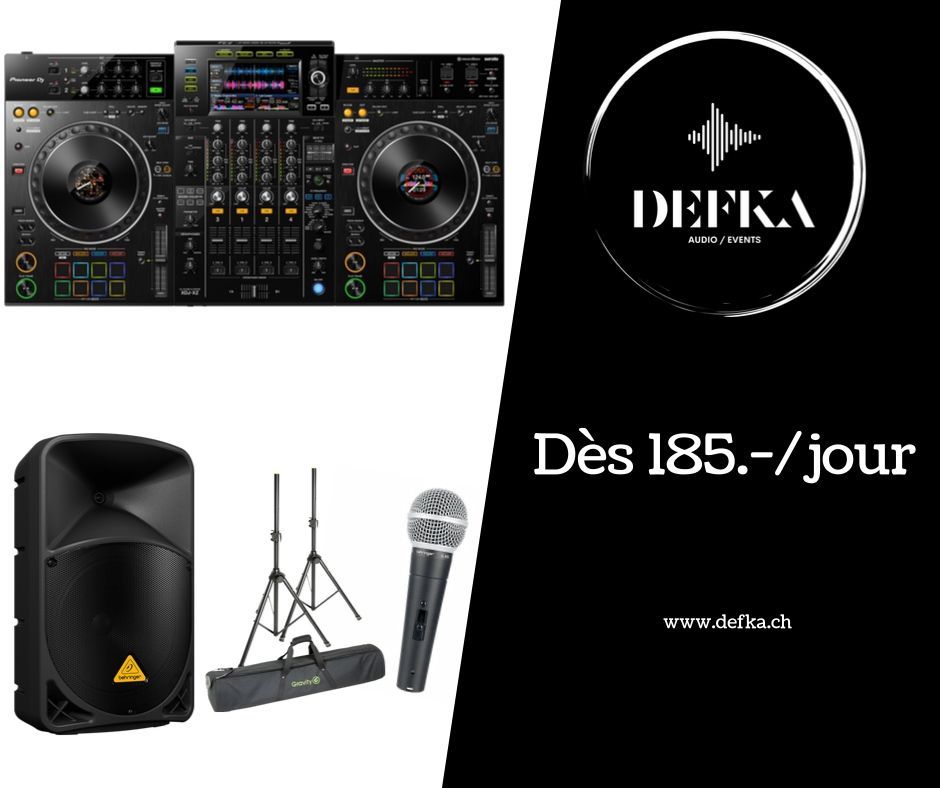 Pack 2x Haut-Parleurs Behringer (Puissance 1000W) 1x set de pieds d'enceintes Gravity 1x controleur DJ standalone XDJ-XZ Pioneer 1x micro filaire Behringer
