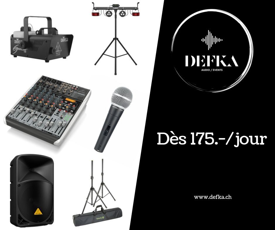 Pack 2x Haut-Parleurs Behringer (Puissance 1000W) 1x set de pieds d'enceintes Gravity 1x table de mixage 6 voies Behringer 1x micro filaire Behringer 1x Barre d'effets lumières Chauvet (PAR/Derby/Laser/Stroboscopes) 1x Machine à fumée Chauvet (Puissance 1200W)