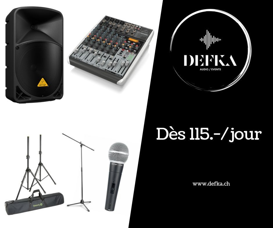 Pack 2x Haut-Parleurs Behringer (Puissance 1000W) 1x set de pieds d'enceintes Gravity 1x table de mixage 6 voies Behringer 1x micro filaire Behringer 1x pied de micro Gravity