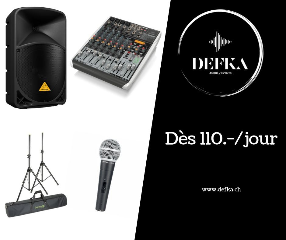 Pack 2x Haut-Parleurs Behringer (Puissance 1000W) 1x set de pieds d'enceintes Gravity 1x table de mixage 6 voies Behringer 1x micro filaire Behringer
