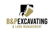 B&P Excavating & Land Management logo with gold and black excavator graphic on white background
