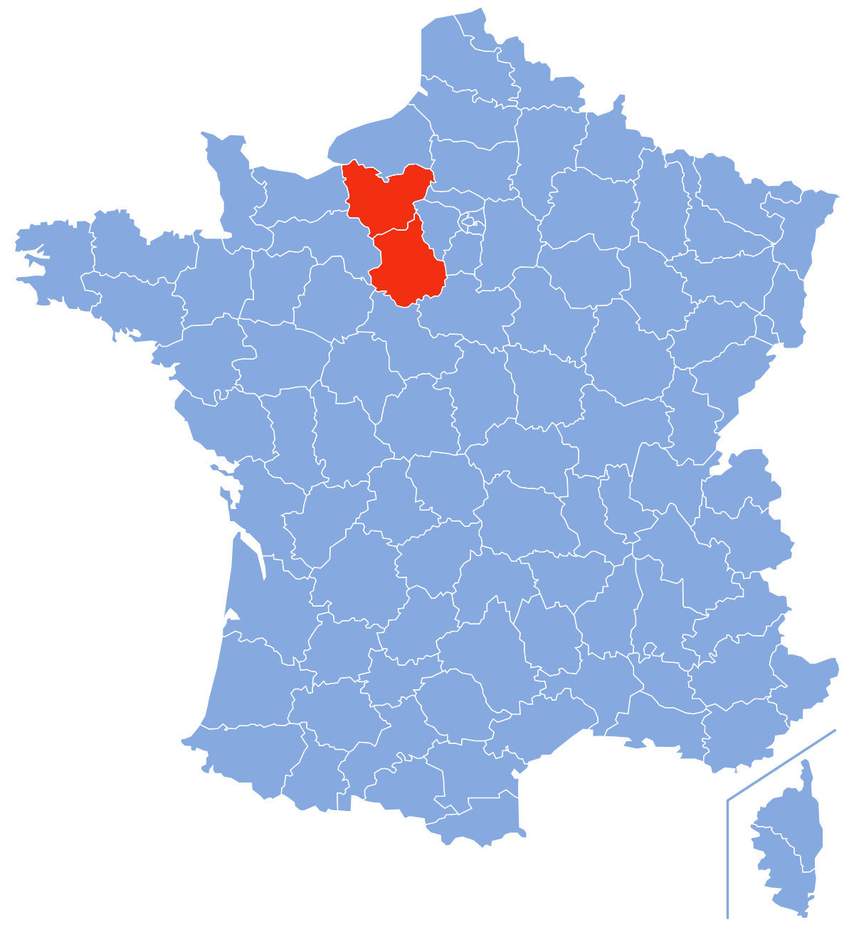 Une carte bleue de la France avec une zone rouge surlignée
