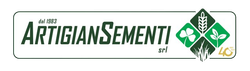Logo Artigian Sementi verde e bianco con icona a forma di foglia e scritta “dal 1983”