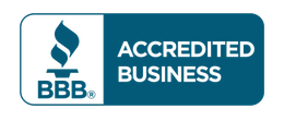 BBB Accredited Business badge in blue and white with the BBB torch logo