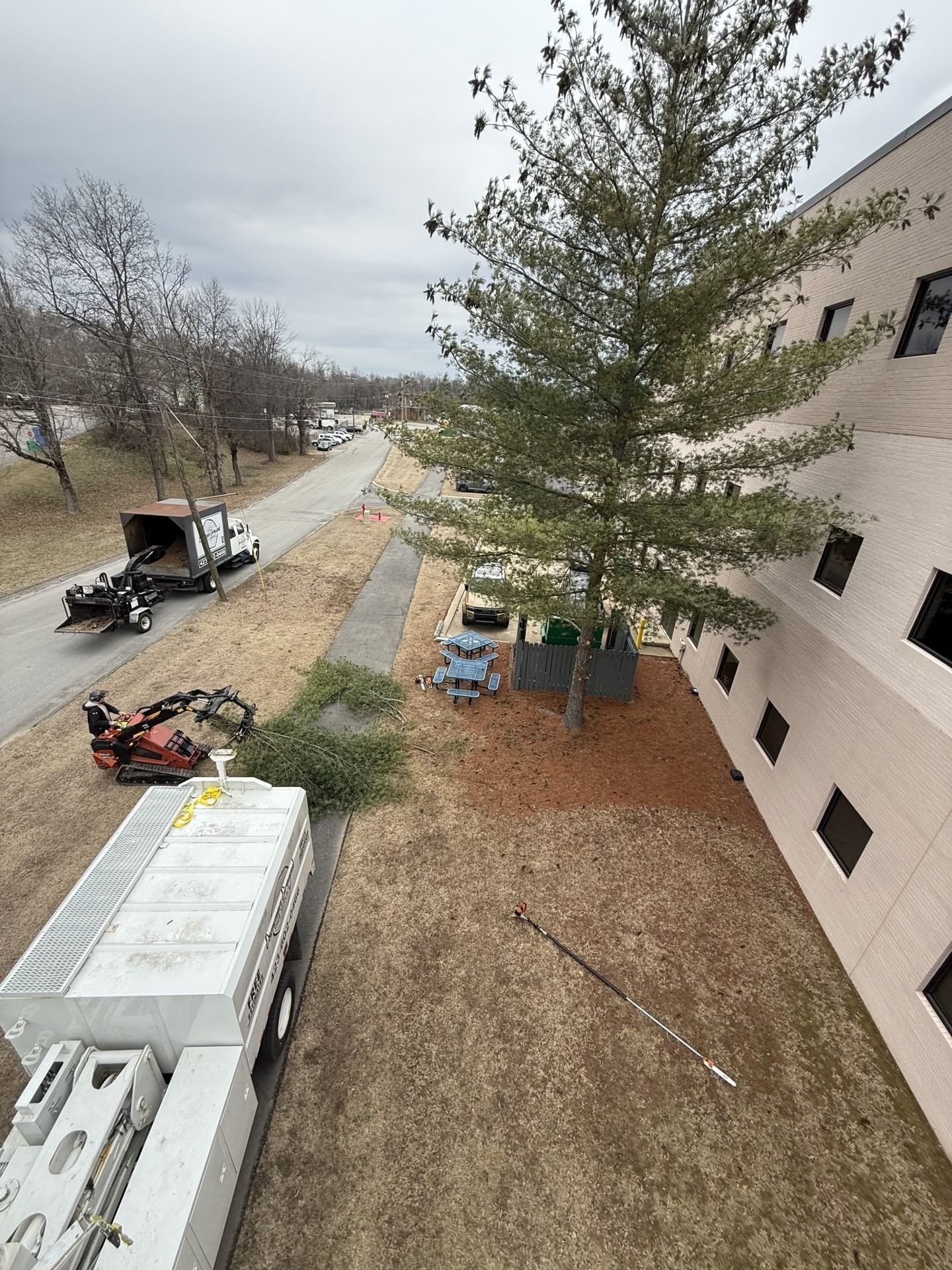 Outdoor worksite beside a building with trucks, equipment, and workers on a grassy lot near a sidewalk