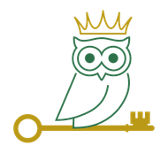 An owl with a crown on its head is sitting on a key.