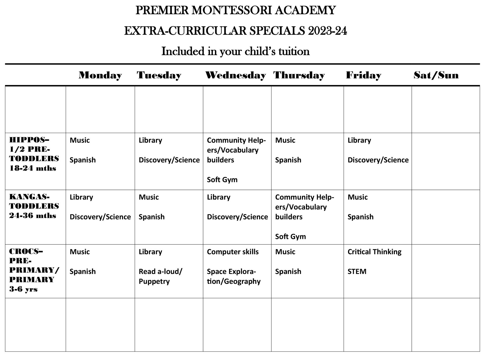 PMA Extra Curriculars Specials 2023-2024