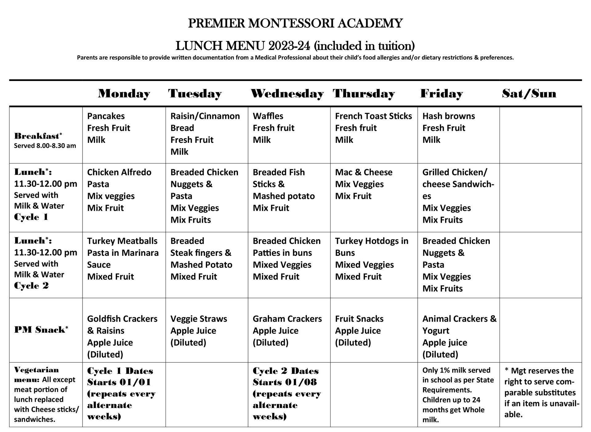 PMA Lunch Menu 2023-2024