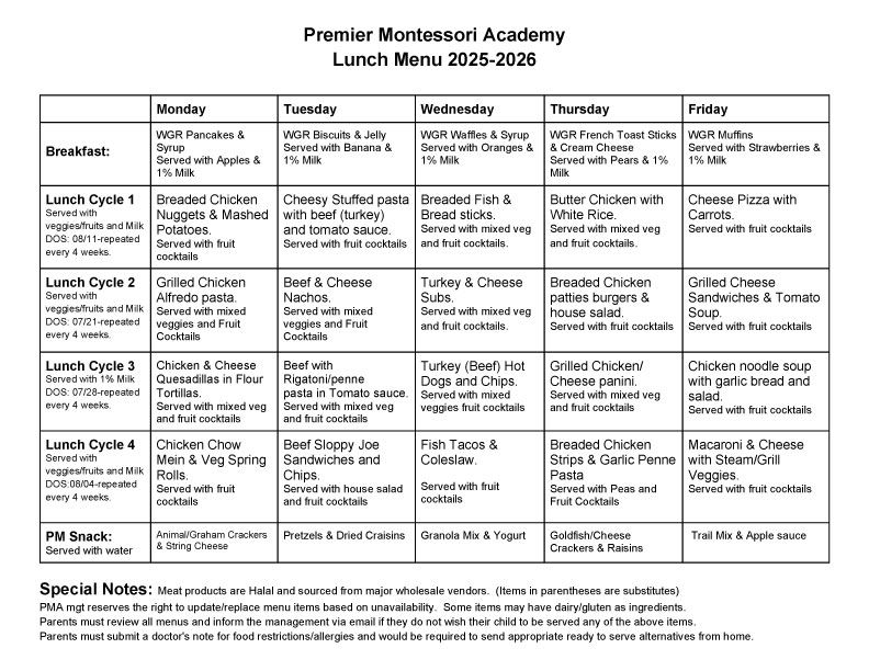 PMA Lunch Menu 2023-2024