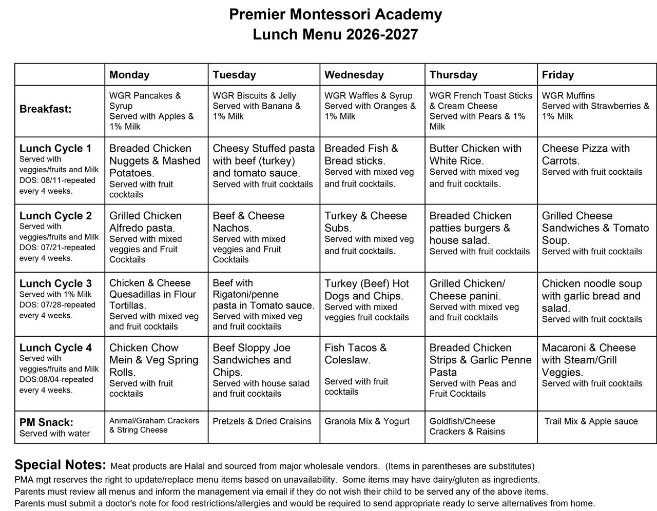 PMA Extra Curriculars Specials 2023-2024