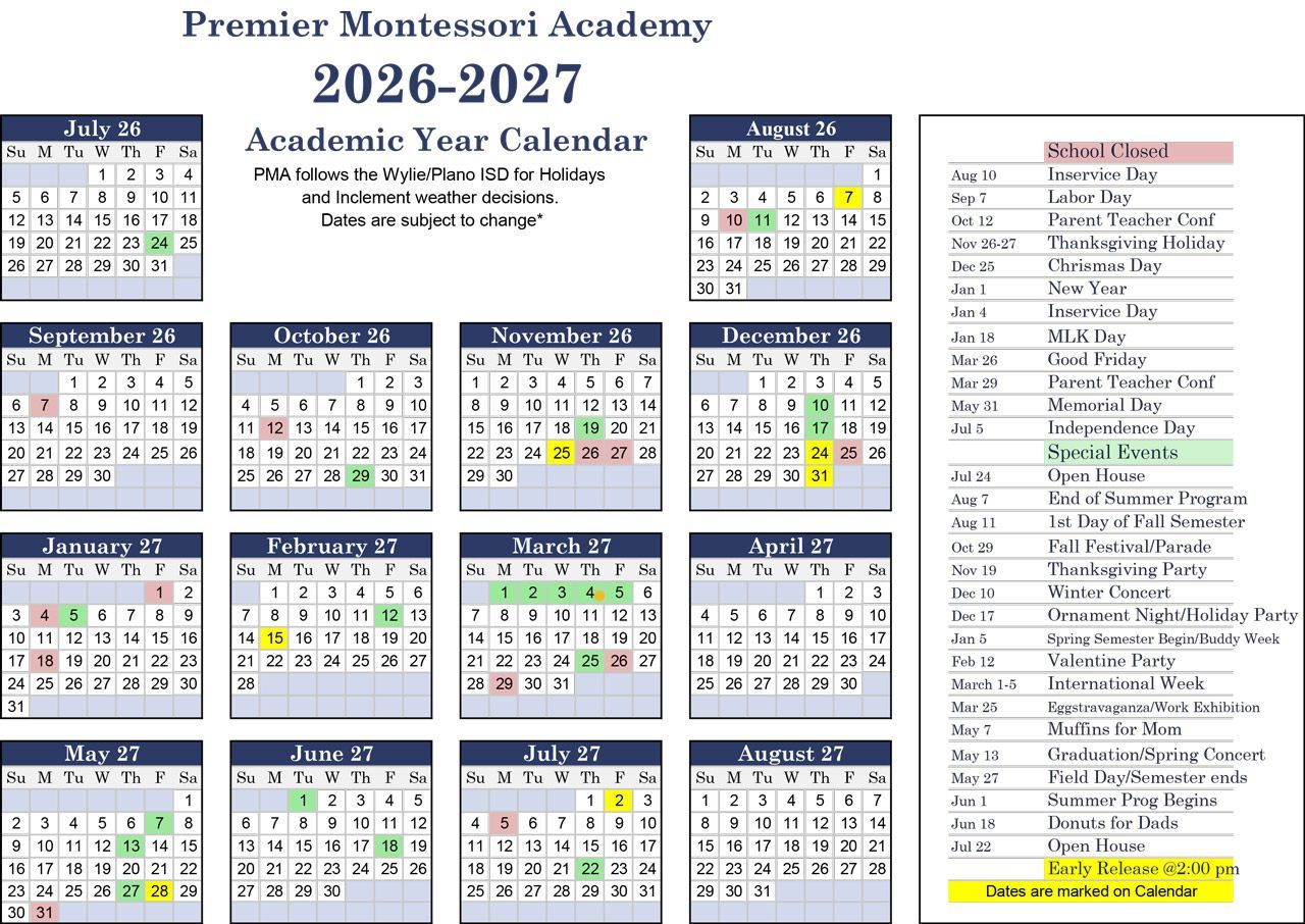 PMA School Calendar 2026-2027