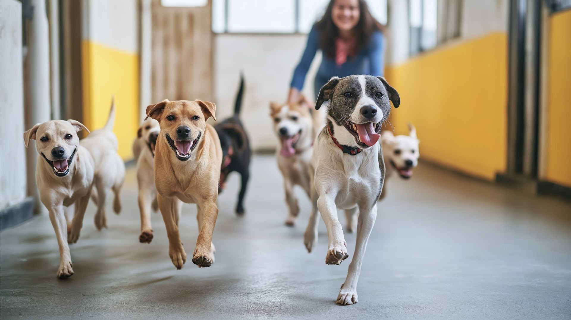 Dogs running towards the camera with a smiling person in the background, inside a building with yellow accents.