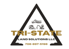 Logo for Tri-State Land Solutions LLC featuring a triangular frame, construction equipment icons, and a phone number.